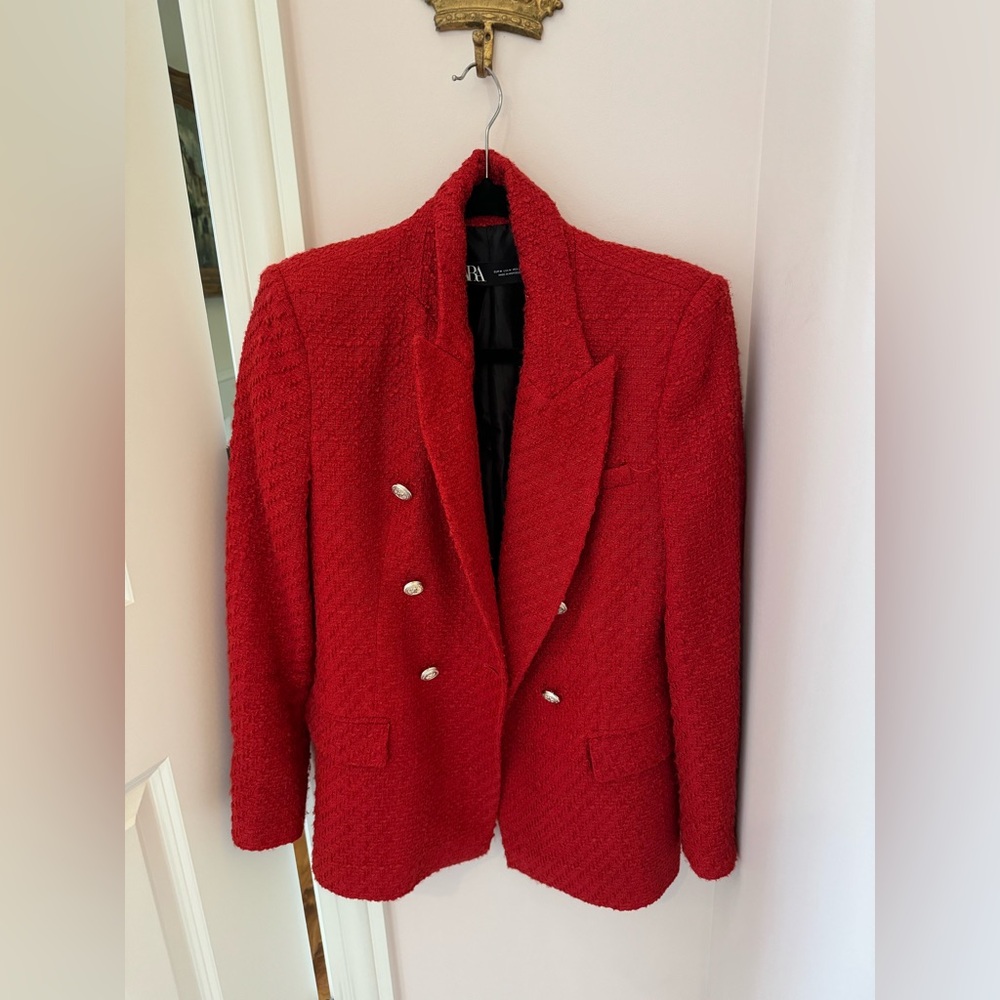 Zara tweed red blazer with gold buttons